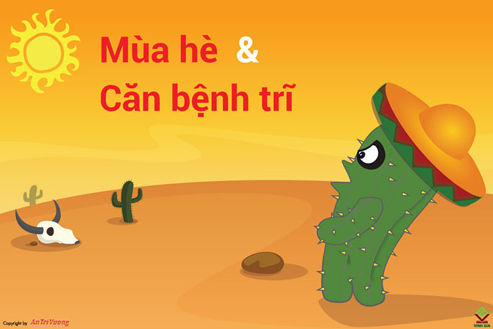 Banner “Mùa hè & căn bệnh trĩ” với nhân vật xương rồng trên sa mạc